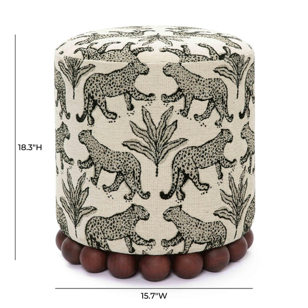 Tov Furniture Dex Whimsical Leopard Jacquard Ottoman - Chic Seating And Stylish Footrest For Vibrant Spaces Cream Fabric,Plywood,Wood Tov-oc69196