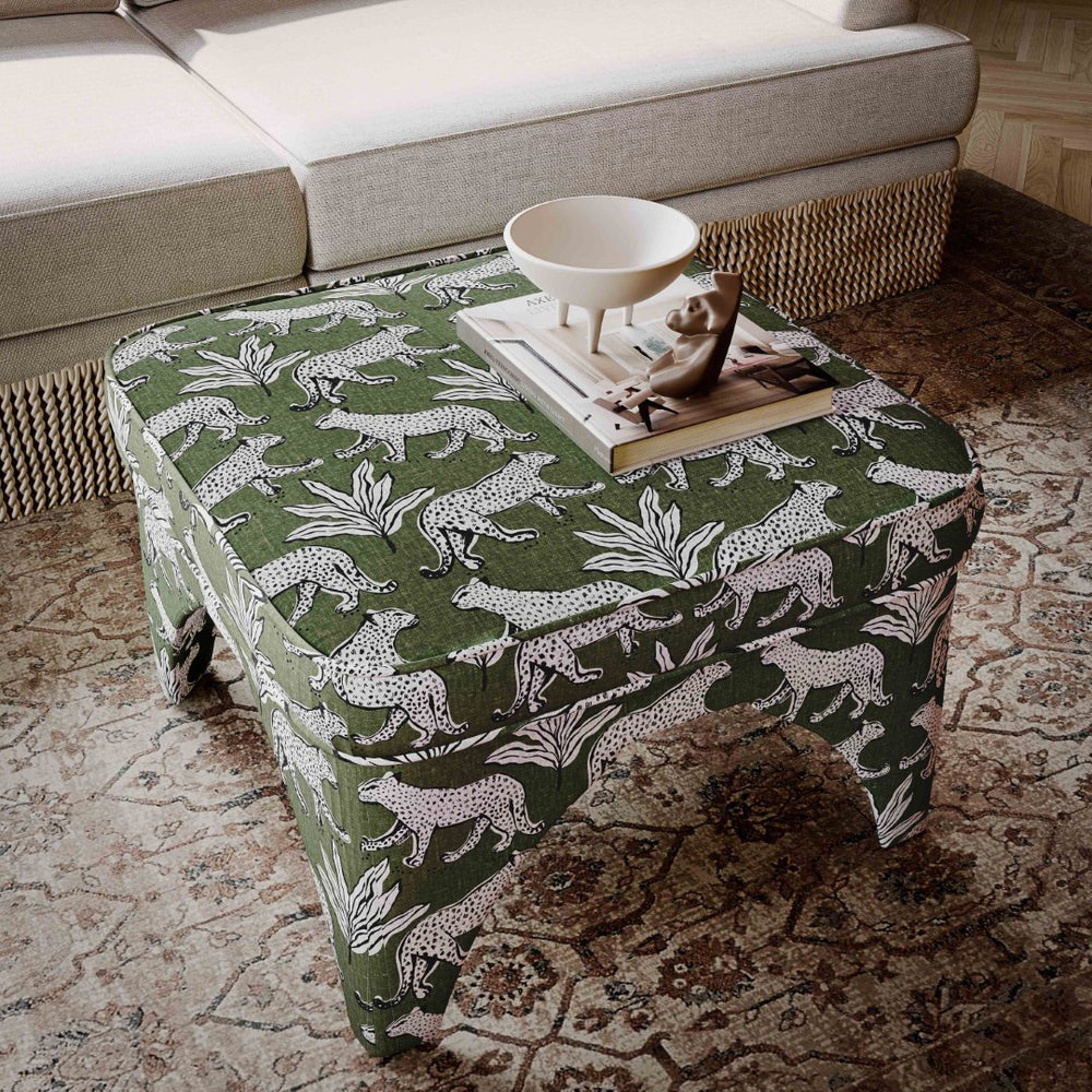 TOV Furniture Raji Leopard Jacquard Ottoman - Plush, Stylish Accent for Versatile Living Spaces and Comfort Olive Green TOV-OC69200