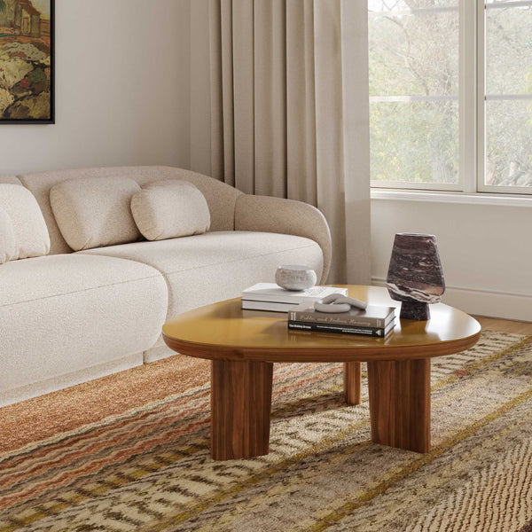 TOV Furniture Oani 46" Triangular Coffee Table - Mid-Century Modern Walnut & Glass Design for Stylish Living Spaces TOV-OC69239