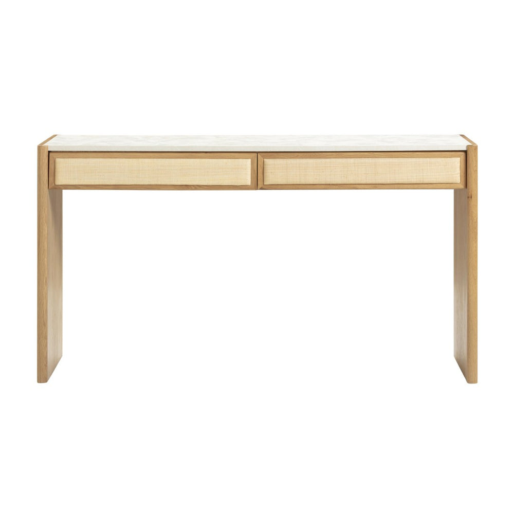 TOV Furniture Paige Mid-Century Modern 56" Console Desk with Natural Oak Finish, Soft-Close Drawers & Faux Marble Top TOV-OC69353