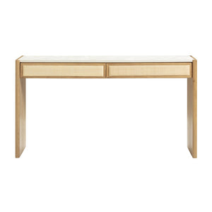 TOV Furniture Paige Mid-Century Modern 56" Console Desk with Natural Oak Finish, Soft-Close Drawers & Faux Marble Top TOV-OC69353
