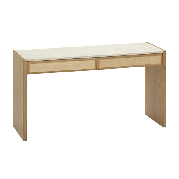 TOV Furniture Paige Mid-Century Modern 56" Console Desk with Natural Oak Finish, Soft-Close Drawers & Faux Marble Top TOV-OC69353