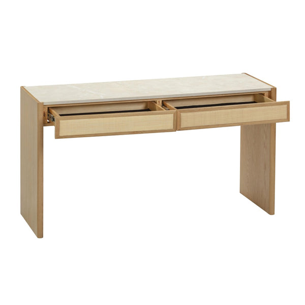 TOV Furniture Paige Mid-Century Modern 56" Console Desk with Natural Oak Finish, Soft-Close Drawers & Faux Marble Top TOV-OC69353