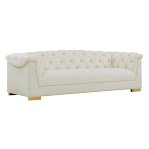 TOV Furniture Farah 91" Plush Velvet Sofa with Elegant Button-Tufted Arms and Gold Nailhead Trim for Luxury Living Cream TOV-S4929
