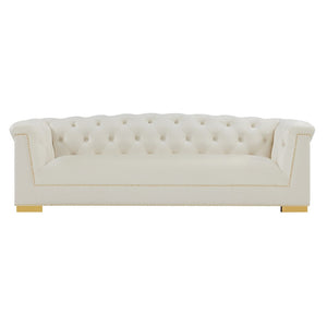 TOV Furniture Farah 91" Plush Velvet Sofa with Elegant Button-Tufted Arms and Gold Nailhead Trim for Luxury Living Cream TOV-S4929