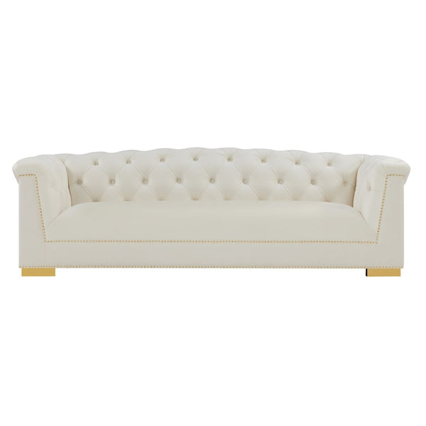 TOV Furniture Farah 91" Plush Velvet Sofa with Elegant Button-Tufted Arms and Gold Nailhead Trim for Luxury Living Cream TOV-S4929