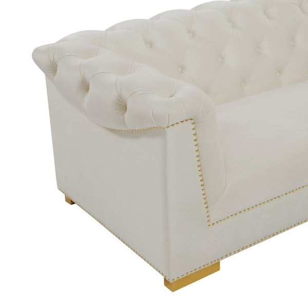 TOV Furniture Farah 91" Plush Velvet Sofa with Elegant Button-Tufted Arms and Gold Nailhead Trim for Luxury Living Cream TOV-S4929