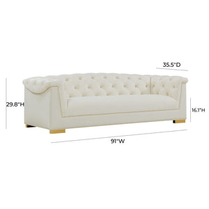 TOV Furniture Farah 91" Plush Velvet Sofa with Elegant Button-Tufted Arms and Gold Nailhead Trim for Luxury Living Cream TOV-S4929
