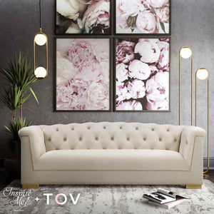 TOV Furniture Farah 91" Plush Velvet Sofa with Elegant Button-Tufted Arms and Gold Nailhead Trim for Luxury Living Cream TOV-S4929