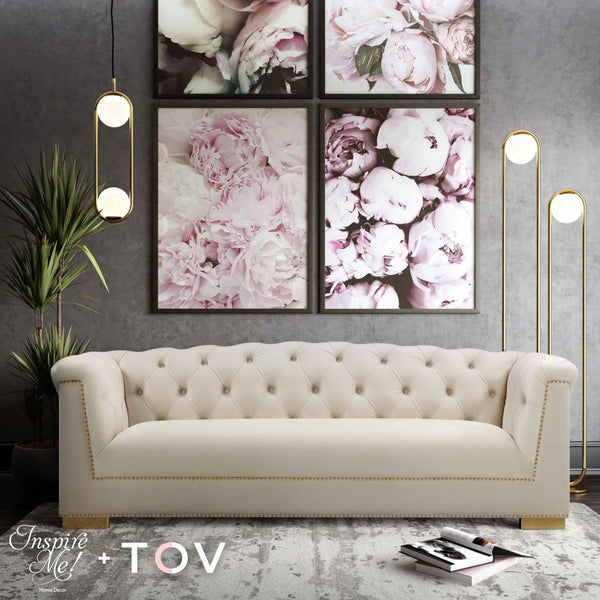 TOV Furniture Farah 91" Plush Velvet Sofa with Elegant Button-Tufted Arms and Gold Nailhead Trim for Luxury Living Cream TOV-S4929