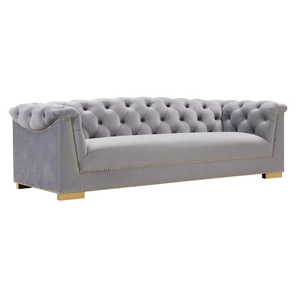 TOV Furniture Farah 91" Plush Velvet Sofa with Elegant Button-Tufted Arms and Gold Nailhead Trim for Luxury Living Grey TOV-S4930