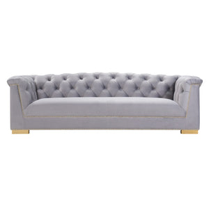 TOV Furniture Farah 91" Plush Velvet Sofa with Elegant Button-Tufted Arms and Gold Nailhead Trim for Luxury Living Grey TOV-S4930