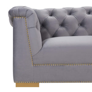 TOV Furniture Farah 91" Plush Velvet Sofa with Elegant Button-Tufted Arms and Gold Nailhead Trim for Luxury Living Grey TOV-S4930