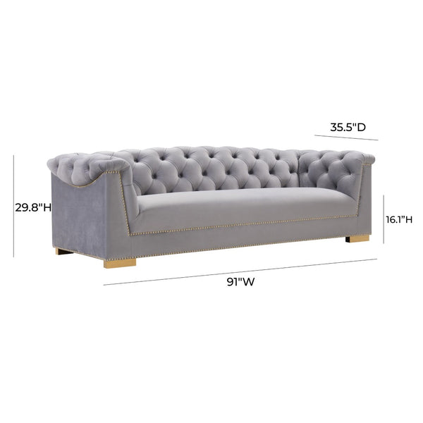 TOV Furniture Farah 91" Plush Velvet Sofa with Elegant Button-Tufted Arms and Gold Nailhead Trim for Luxury Living Grey TOV-S4930