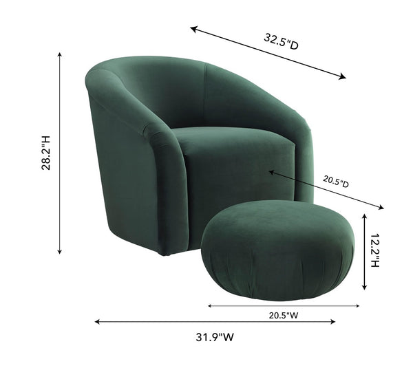 TOV Furniture Boboli Velvet Chair and Ottoman Set - Elegant Barrel Design for Stylish Living Rooms and Nooks Forest Green TOV-S6384