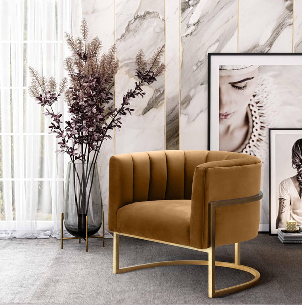TOV Furniture Magnolia Velvet Accent Chair - Contemporary Luxe Design with Gold Base for Modern Elegance Cognac TOV-S68190