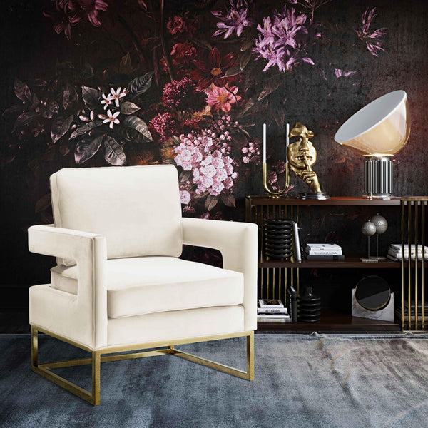 TOV Furniture Avery Velvet Accent Chair - Modern Luxury with Gold Legs, Plush Comfort for Any Stylish Space Cream TOV-S68199