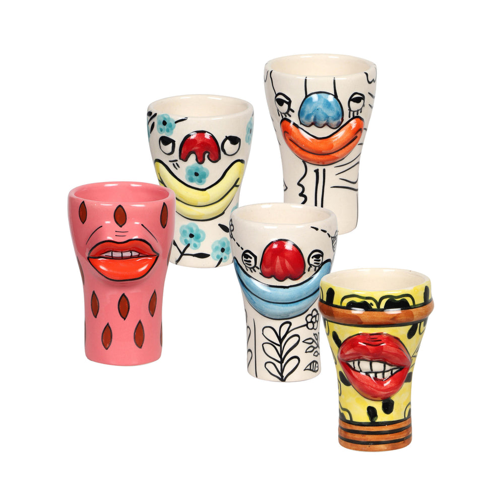 Tov Furniture Velma Collection - Playful Set Of 5 Hand-painted Ceramic Glasses With Unique Character Designs Multi Ceramic Tov-t18766