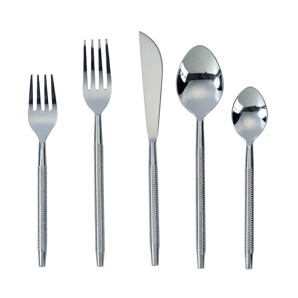 TOV Furniture Ribbed Stainless Steel Flatware Set - Elegant 5-Piece Place Setting for 1 - Perfect for Dining & Events TOV-T18883