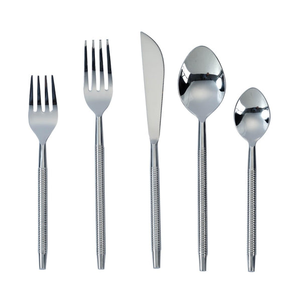 TOV Furniture Ribbed Stainless Steel Flatware Set - Elegant 5-Piece Place Setting for 1 - Perfect for Dining & Events TOV-T18883