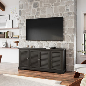 Legends Furniture Bridgevine Home Topenga 68 Inch 4-door Tv Console For Tvs Up To 80 Inches, No Assembly Required, Clove Finish Blue Denim And Whiskey, Brown Oak Solids And Veneers Tp1220.Clv