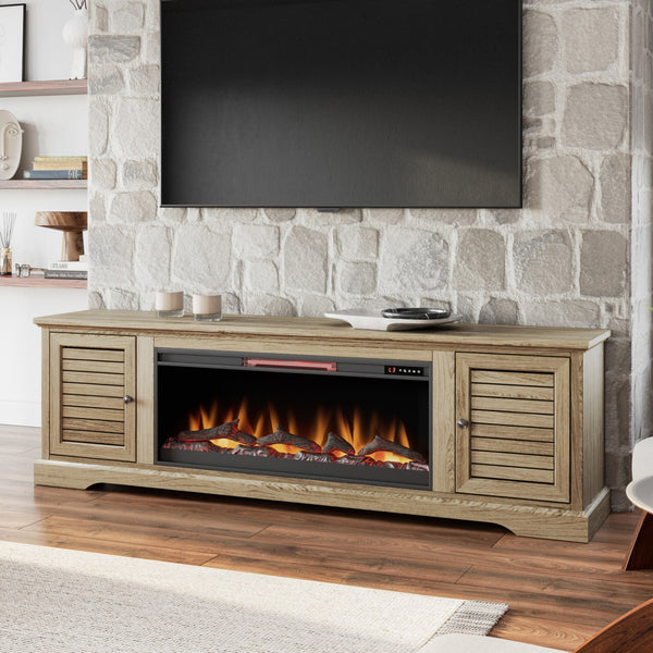Legends Furniture Bridgevine Home Topenga 83 Inch Electric Fireplace Tv Console For Tvs Up To 95 Inches, Alabaster Finish Alabaster, Beige Oak Solids And Veneers Tp5410.Alb