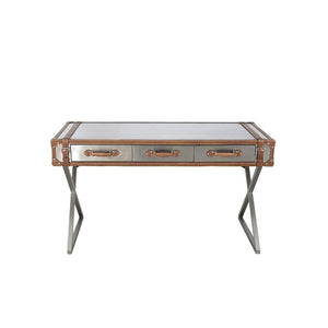 Pasargad Home Brookline Steel & Leather Writing Desk - Elegant, Durable Design For Modern Workspaces Brown Stainless Desk-0092