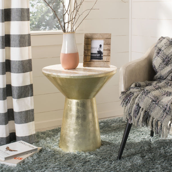 Safavieh Fae Elegant Round Mosaic Side Table With Faux Mother-Of-Pearl Inlay In Pink Champagne & Gold TRB1008A