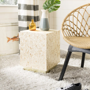 Safavieh Juno Rectangle Mosaic Side Table - Modern Luxury Accent With Faux Mother-Of-Pearl Finish In Beige & Gold TRB1009A