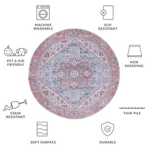 Safavieh Tucson Traditional Round Area Rug In Grey-Blue And Rust Floral With Machine Washable, Slip-Resistant Backing 7'-0" x 7'-0" TSN102G-7R