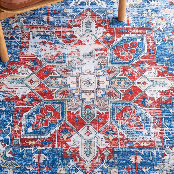 Safavieh Tucson Traditional Floral Geometric Polyester Runner Rug for Hallways and Entryways Blue Red 8'-0" x 8'-0" TSN102M-8SQ