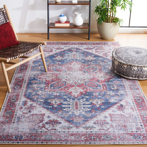Safavieh Tucson Square 7X7 Navy Red Accent Rug - Machine Washable, Low-Profile 1/8" Pile, Slip-Resistant TSN102N-7SQ
