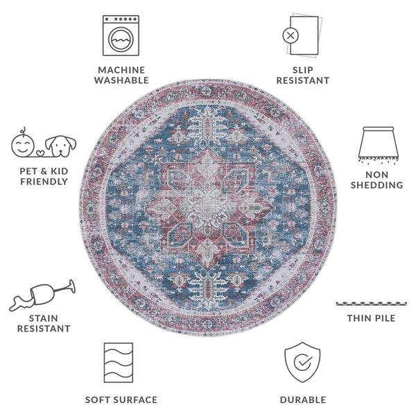 Safavieh Tucson Square 7X7 Navy Red Accent Rug - Machine Washable, Low-Profile 1/8" Pile, Slip-Resistant TSN102N-7SQ
