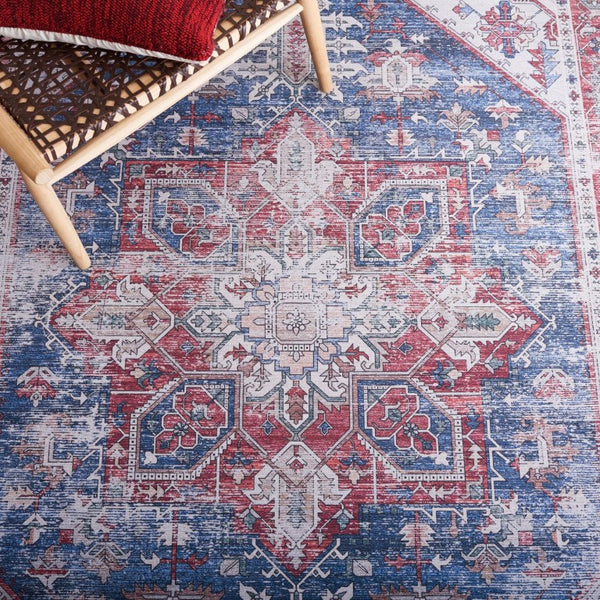 Safavieh Tucson Traditional Grey Polyester Area Rug Machine Washable Slip Resistant Low Pile Navy Red 9'-0" x 9'-0" TSN102N-9SQ