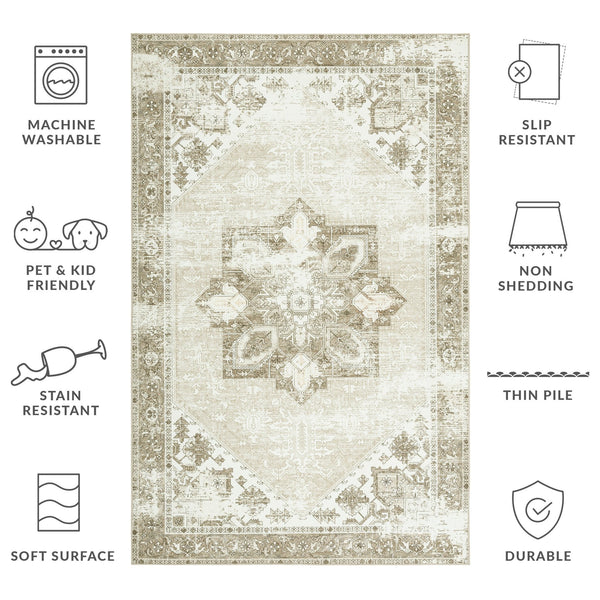 Safavieh Tucson Sage Ivory Vintage Persian Area Rug — Low-Profile Polyester Pile, Machine Washable, Slip-Resistant 9'-0" x 9'-0" TSN102W-9SQ