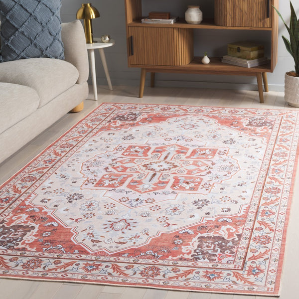 Safavieh Tucson Exquisite Round Area Rug - Elegant Design, Machine Washable, Slip Resistant & Durable Comfort Rust ,Ivory Polyester Pile Tsn118q-8