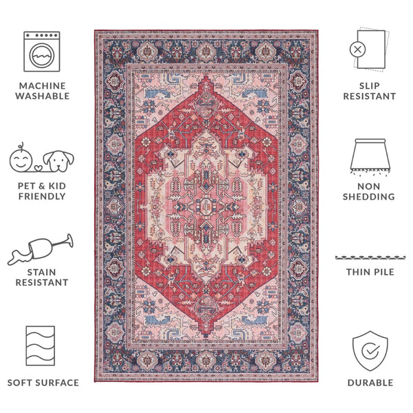 Safavieh Tucson Elegant Traditional Style Machine Washable Rug - Slip Resistant For Safe And Easy Care Red ,Navy Polyester Tsn139q-24