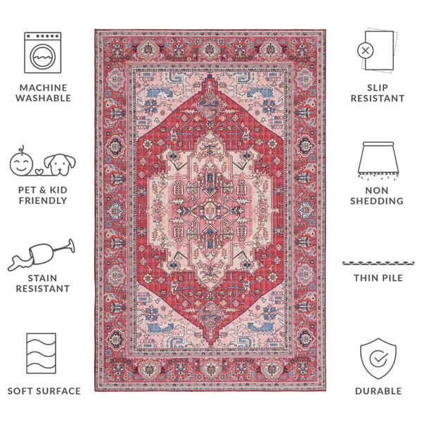 Safavieh Tucson Elegant Traditional Style Machine Washable Rug - Slip Resistant For Safe And Easy Care Red ,Pink Polyester Tsn139r-10