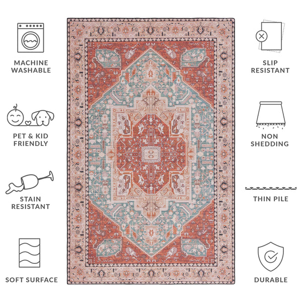 Safavieh Tucson Vintage Persian Area Rug - Machine Washable, Slip Resistant, And Perfect For Any Space Aqua ,Rust Polyester Pile Tsn150j-10