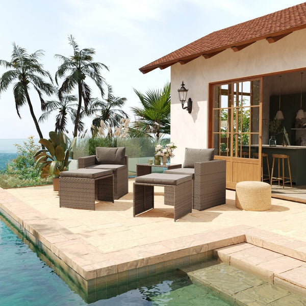 English Elm Nico Modular Loveseat Sofa Set with Table & Ottomans – Stylish, Durable, All-Weather Comfort for Any Space Gray Fabric/Natural Frame TW-3W15057-58-59-BGNAT-GG