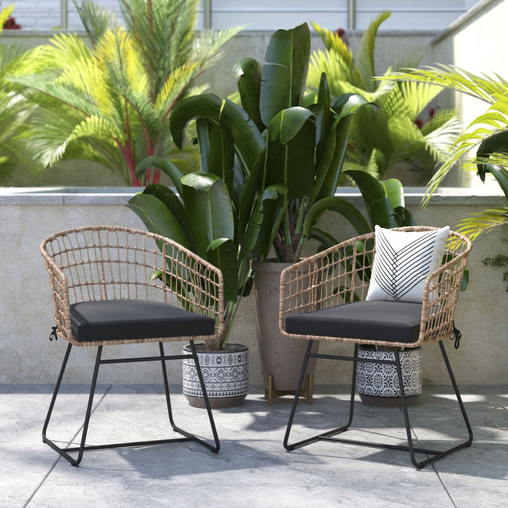 English Elm Devon Set of 2 Boho Club Chairs - Stylish Indoor/Outdoor Seating with Durable Rattan and Cushions Black Cushion/Natural Frame TW-VN015-15-NAT-GG