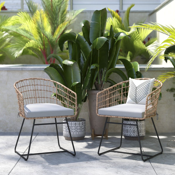English Elm Devon Set of 2 Boho Club Chairs - Stylish Indoor/Outdoor Seating with Durable Rattan and Cushions Light Gray Cushion/Natural Frame TW-VN015-15-NAT-LGY-GG