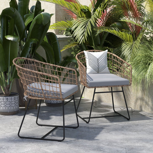 English Elm Devon Set of 2 Boho Club Chairs - Stylish Indoor/Outdoor Seating with Durable Rattan and Cushions Light Gray Cushion/Natural Frame TW-VN015-15-NAT-LGY-GG