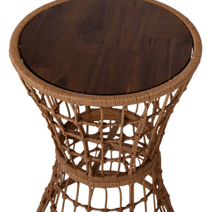 English Elm Devon Indoor/Outdoor Rattan Rope Accent Table with Acacia Wood Top – Stylish, Durable & Versatile! TW-VN015-16-NAT-GG