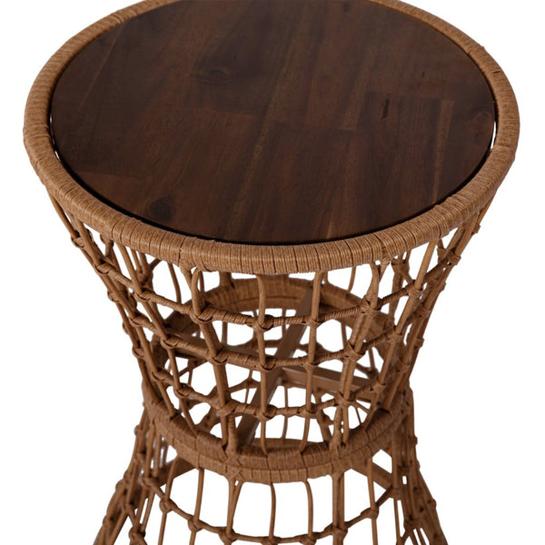 English Elm Devon Indoor/Outdoor Rattan Rope Accent Table with Acacia Wood Top – Stylish, Durable & Versatile! TW-VN015-16-NAT-GG