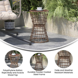 English Elm Devon Indoor/Outdoor Rattan Rope Accent Table with Acacia Wood Top – Stylish, Durable & Versatile! TW-VN015-16-NAT-GG