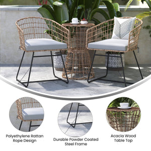 English Elm Devon 3-Piece Bistro Set - Stylish Rattan Rope Chairs with Cushions & Acacia Wood Table for Indoor/Outdoor TW-VN01516-NAT-LGY-GG