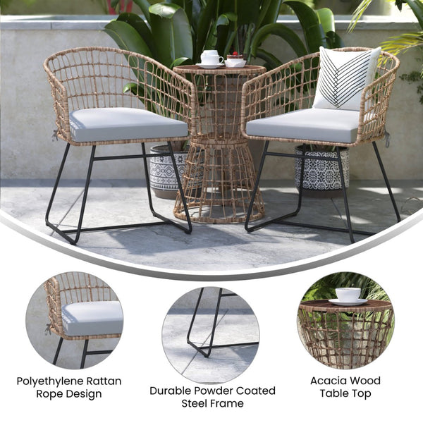 English Elm Devon 3-Piece Bistro Set - Stylish Rattan Rope Chairs with Cushions & Acacia Wood Table for Indoor/Outdoor TW-VN01516-NAT-LGY-GG
