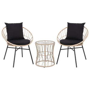 English Elm Devon 3-Piece Indoor/Outdoor Bistro Set with Papasan Chairs and Glass-Top Table for Cozy Entertaining Black Cushions/Tan Frame TW-VN017-18-TAN-BK-GG