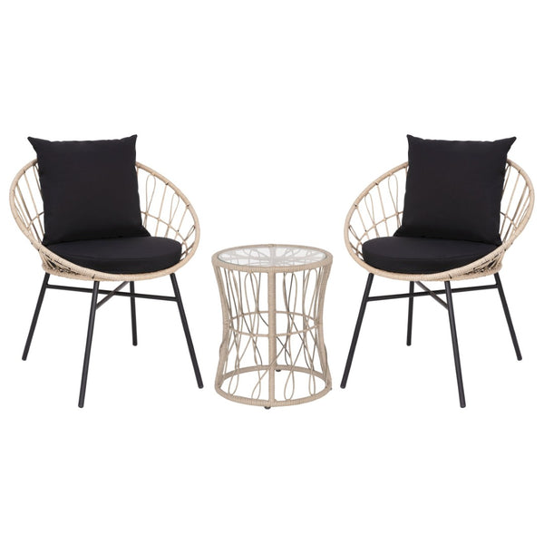 English Elm Devon 3-Piece Indoor/Outdoor Bistro Set with Papasan Chairs and Glass-Top Table for Cozy Entertaining Black Cushions/Tan Frame TW-VN017-18-TAN-BK-GG